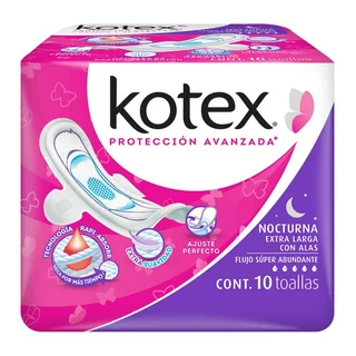 Toallas Sanitarias Kotex Nocturna Extra larga con alas 10 toallas, Kimberly Clark