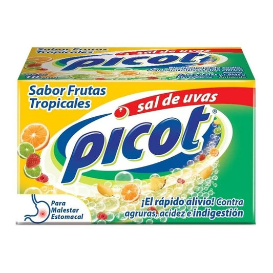 Sal de uvas Picot Frutas Tropicales 10 sobres, Lab. RB Salute (Bicarbonato de Sodio 2.4850 g, Ácido Tartárico 0.2165 g, Ácido Cítrico 1.9485 g)