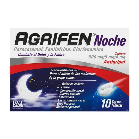 Agrifen Noche 10 tabletas, Lab. PiSA (Paracetamol 500 mg, Fenilefrina 5 mg, Clorfenamina 4 mg)