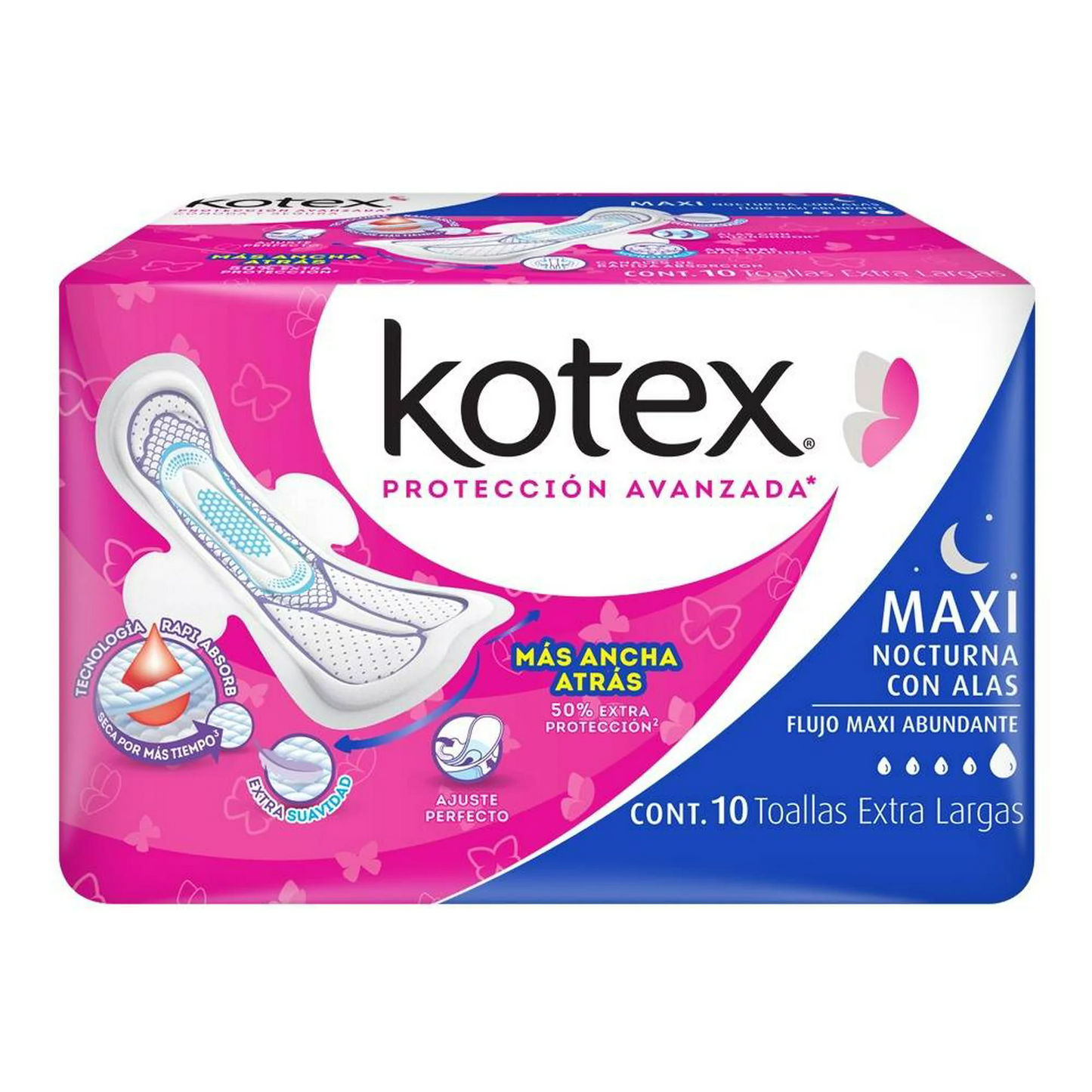 KOTEX MAXI NOCTURNA CON ALAS 10TOALLAS EXTRA LARGA