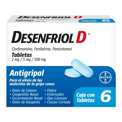 Desenfriol D 6 tabletas, Lab. Bayer (Clorfenamina 2 mg, Fenilefrina 5 mg, Paracetamol 500 mg)