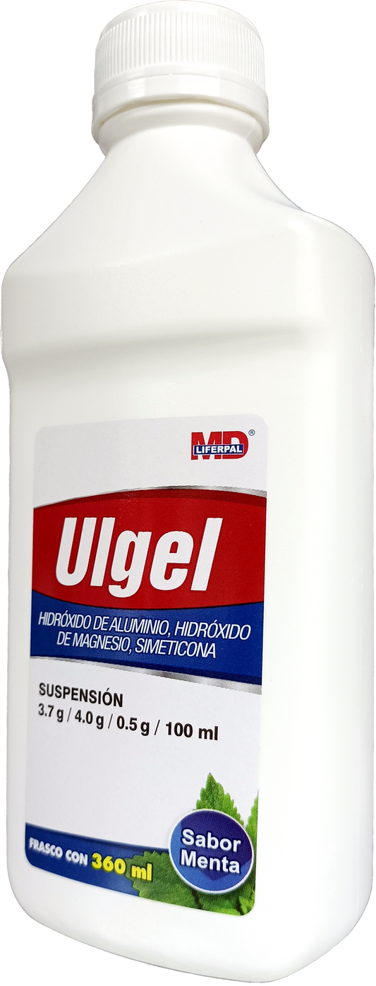 Ulgel sabor Menta Suspensión 240 ml, Lab. MD Liferpal (Hidróxido de Aluminio 3.7 g, Hidróxido de Magnesio 4 g, Dimeticona 0.5 g / 100 ml)