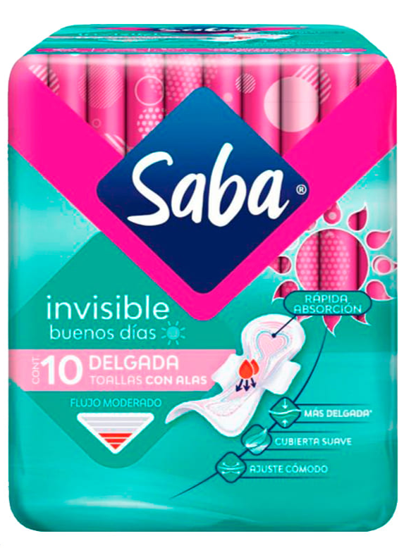 Toalla sanitaria Saba invisible con alas 10 toallas  SCA