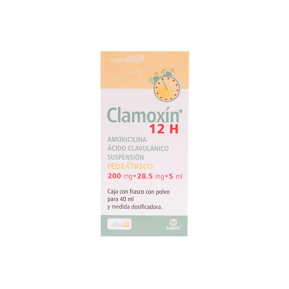 Clamoxin 12 H Pediátrico 40 ml, Lab. Maver (Amoxicilina 200 mg, Ácido Clavulánico 28.5 mg / 5 ml)