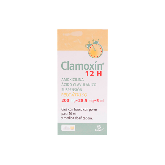 Clamoxin 12 H Pediátrico 40 ml, Lab. Maver (Amoxicilina 200 mg, Ácido Clavulánico 28.5 mg / 5 ml)