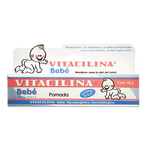 Vitacilina Bebé pomada 50 g, Lab. KSK (Vitamina A 500,000 UI, Vitamina D 90,000 UI, Vitamina E 1,000 UI, Óxido de Zinc 25 g, Alantoína 1 g)