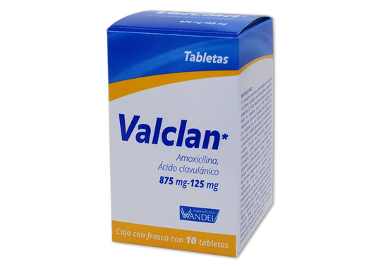 Valclan 10 tabletas (Amoxicilina 875 mg, Ácido clavulánico 25mg)