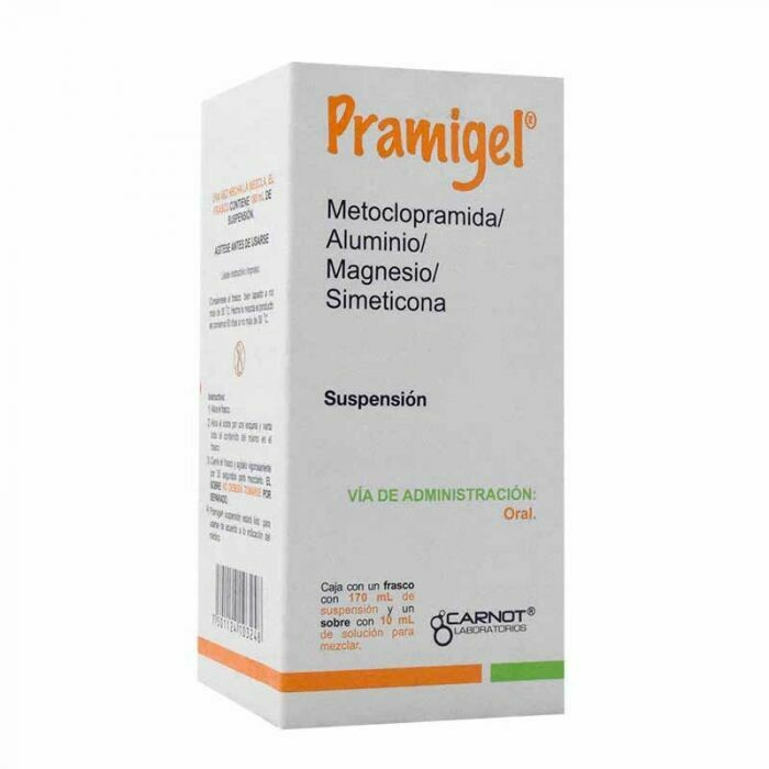 Pramigel Suspensión Oral 170 ml, Lab. Carnot (Metoclopramida 11.88 mg, Hidróxido de Aluminio 3.918 g, Hidróxido de Magnesio 4.235 g, Simeticona 0.529 g / 100 ml)