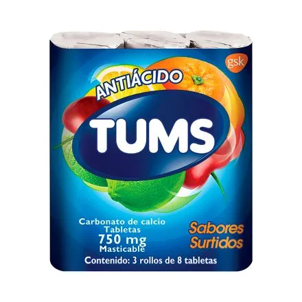 Tums sabores surtidos 3 rollos con 8 tab. c/uno Tabletas (masticables) Lab. GlaxoSmithKline (Carbonato de calcio 750.000 mg)