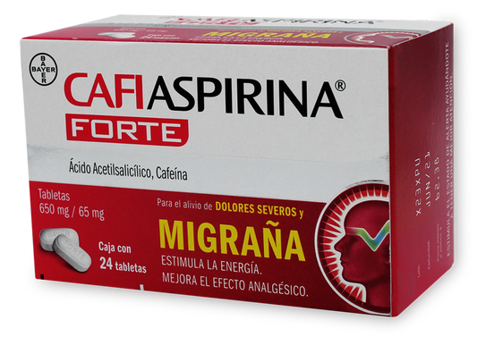 Cafiaspirina Forte 24 Tabletas, Lab. Bayer (Ácido acetilsalicílico 650 mg, Cafeína 65 mg)