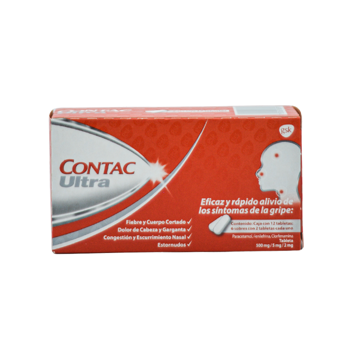 Contact Ultra 12 tabletas, Lab. GSK (Paracetamol 500 mg, Fenilefrina 5 mg, Clorfenamina 2 mg)