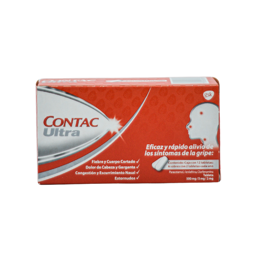 Contact Ultra 12 tabletas, Lab. GSK (Paracetamol 500 mg, Fenilefrina 5 mg, Clorfenamina 2 mg)