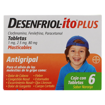 Desenfriolito 6 tableta masticable, Lab. Bayer (Clorfenamina 1 mg, Fenilefrina 2.5 mg, Paracetamol 80 mg)