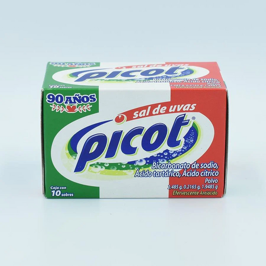 Sal de uvas Picot 10 sobres, Lab. Reckitt Benckiser (Bicarbonato de Sodio 2.4850 g, Ácido Tartárico 0.2165, Ácido Cítrico 1.9485 g)