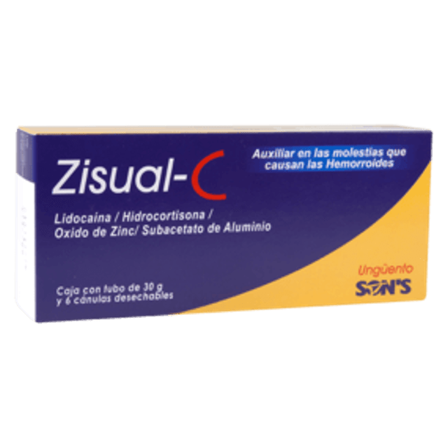 Zisual-C 30 g y 6 cánulas Ungüento Lab. Son's (Óxido de Zinc 18.000 g / 100 g , Lidocaína 5.000 g / 100 g , Aluminio 3.500 g / 100 g , Hidrocortisona 0.250 g / 100 g)