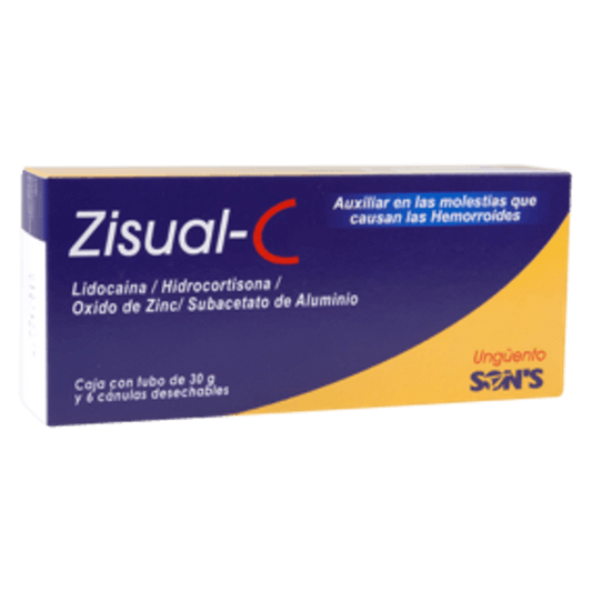 Zisual-C 30 g y 6 cánulas Ungüento Lab. Son's (Óxido de Zinc 18.000 g / 100 g , Lidocaína 5.000 g / 100 g , Aluminio 3.500 g / 100 g , Hidrocortisona 0.250 g / 100 g)