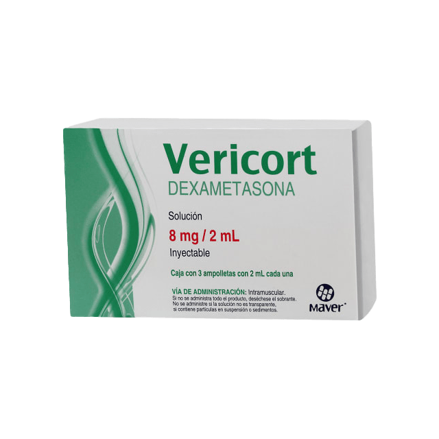 Vericort 3 ampolletas de 2 ml Solución Inyectable, Lab. Maver (Dexametasona 8 mg / 2 ml)