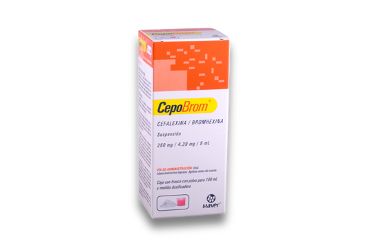 CepoBrom Suspensión Oral 100 ml, Lab. Maver (Cefalexina 250 mg, Bromhexina 4.39 mg / 5 ml)