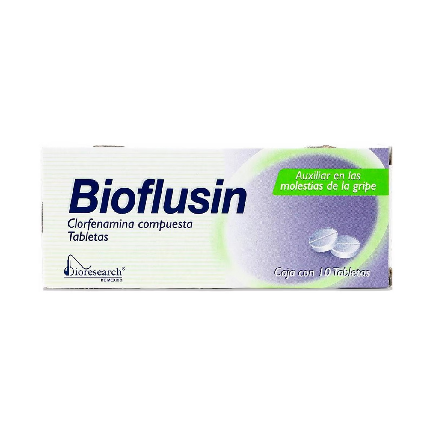 Bioflusin 10 tabletas, Lab. Bioresearch (Clorfenamina 4 mg, Paracetamol 500 mg, Cafeína 25 mg, Fenilefrina 5 mg)