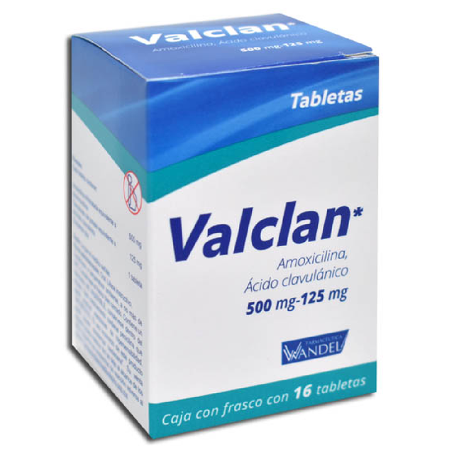 Valclan 16 Tabletas, Lab. Wandel (Amoxicilina 500 mg, Ácido Clavulánico 125 mg)