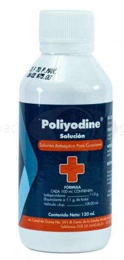 Poliyodine Solución Tópica 120 ml, Lab. EMQ (Yodopovidona 8 g / 100 ml)