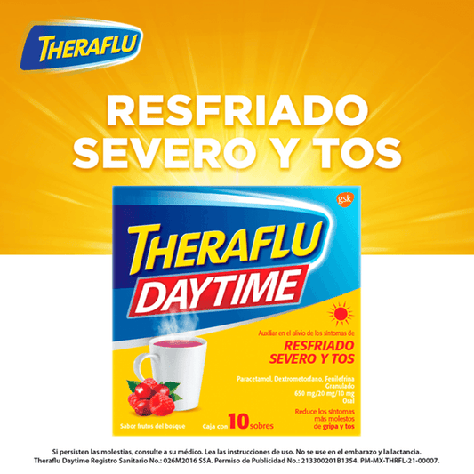 Theraflu Daytime Resfriado Severo y tos Amarillo 10 sobres, Lab. GSK (Paracetamol 650 mg, Dextrometorfano 20 mg, Fenilefrina 10 mg)