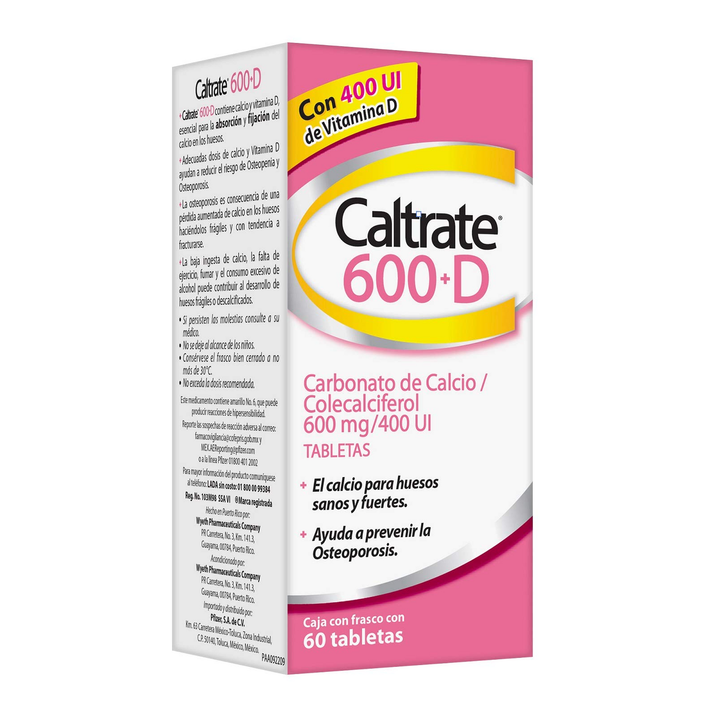 Caltrate 600 D 60 Tab. Tabletas Lab. Pfizer (Carbonato de calcio 1666.700 mg , Colecalciferol (Vitamina D3) 6.200 mg)