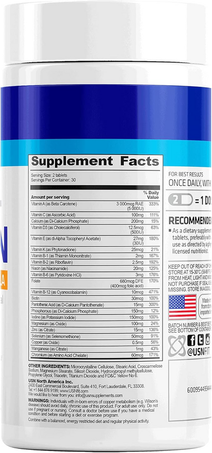 USN Suplementos multivitamínicos súper diarios con vitaminas y minerales esenciales y apoyo antioxidante, 60 cápsulas