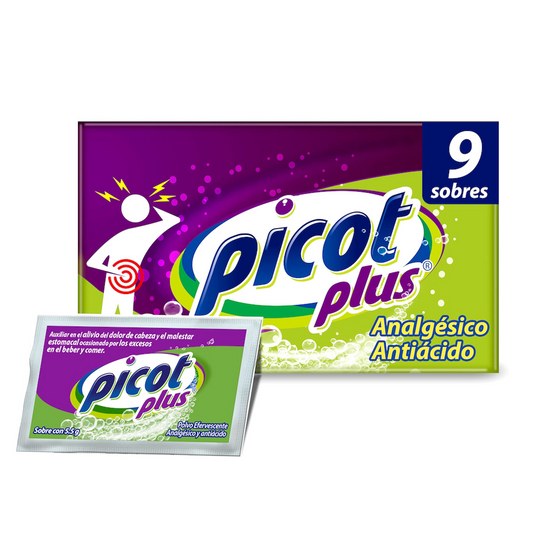 Picot Plus 9 sobres, Lab. RB Health (Ácido Cítrico 1.9485 g, Ácido Acetilsalicílico 0.5 g, Ácido Tartárico 0.2165 g, Bicarbonato de Sodio 2.4850 g)