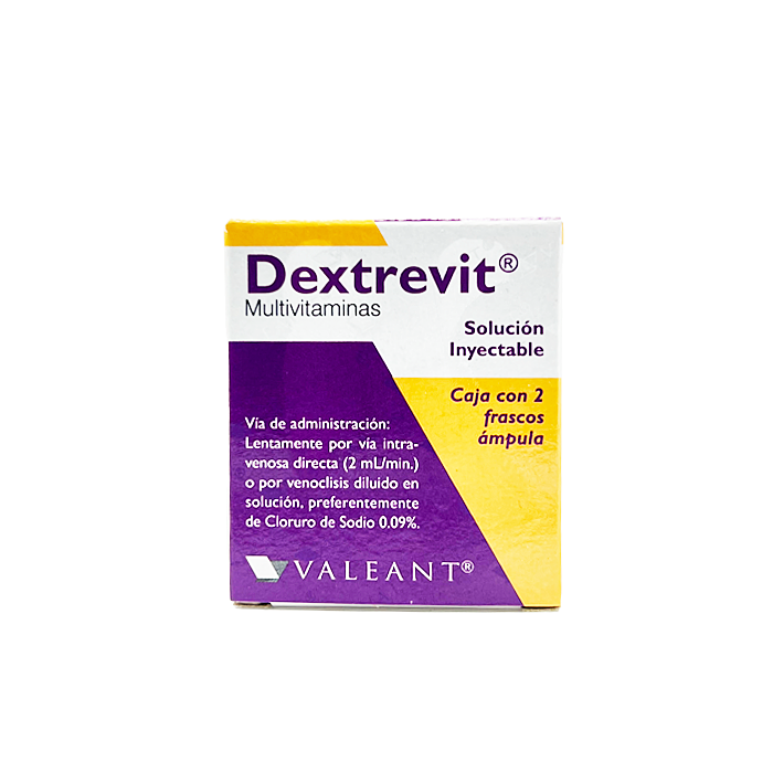 Dextrevit 2 frascos ámpula de 10 ml, Lab. Valeant (Glucosa anhidra 5g, Tiamina 100 mg, Riboflavina 4 mg, Piridoxina 5 mg, Ácido ascórbico 500 mg, D-pantenol 10 mg, Nicotinamida 100 mg / 10 ml)