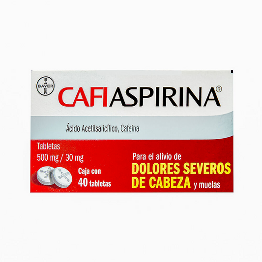 Cafiaspirina 40 tabletas, Lab. Bayer (Ácido acetilsalicílico 500 mg, Cafeína 30 mg)