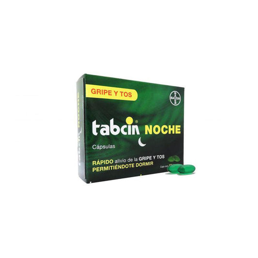 Tabcin Noche 12 cápsulas, Lab. Bayer (Paracetamol 250 mg, Dextrometorfano 10 mg, Doxilamina 6.25 mg, Fenilefrina 5 mg)