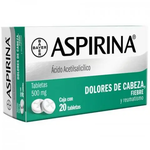 Aspirina 20 tabletas, Lab. Bayer (Ácido Acetilsalicílico 500 mg)