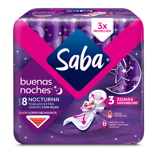 Toalla Sanitaria Saba Buenas Noches con Alas 8 toallas, SCA