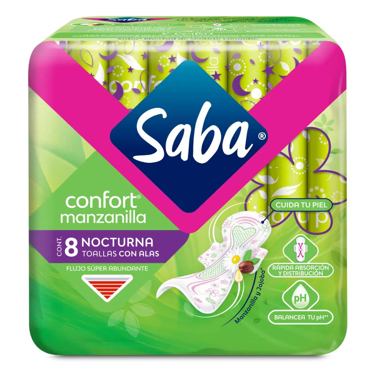 Toalla sanitaria Saba Confort Manzanilla con alas 8 toallas, SCA