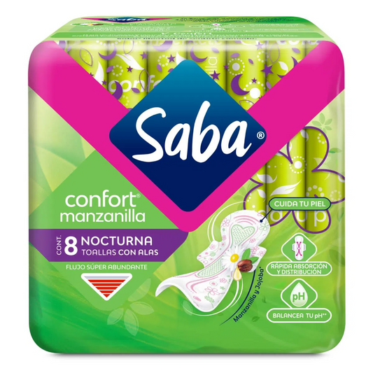 Toalla sanitaria Saba Confort Manzanilla con alas 8 toallas, SCA