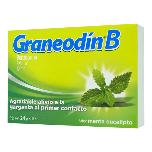 Graneodín B Menta Eucalipto 24 pastillas, Lab. Reckitt Benckiser (Benzocaína 10 mg)