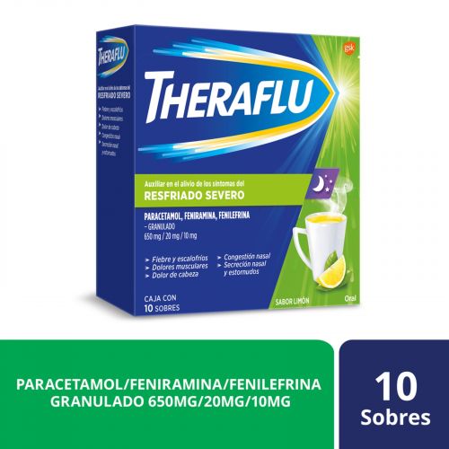 Theraflu Resfriado Severo Verde Noche 10 sobres, Lab. GSK (Paracetamol 650 mg, Feniramina 20 mg, Fenilefrina 10 mg)