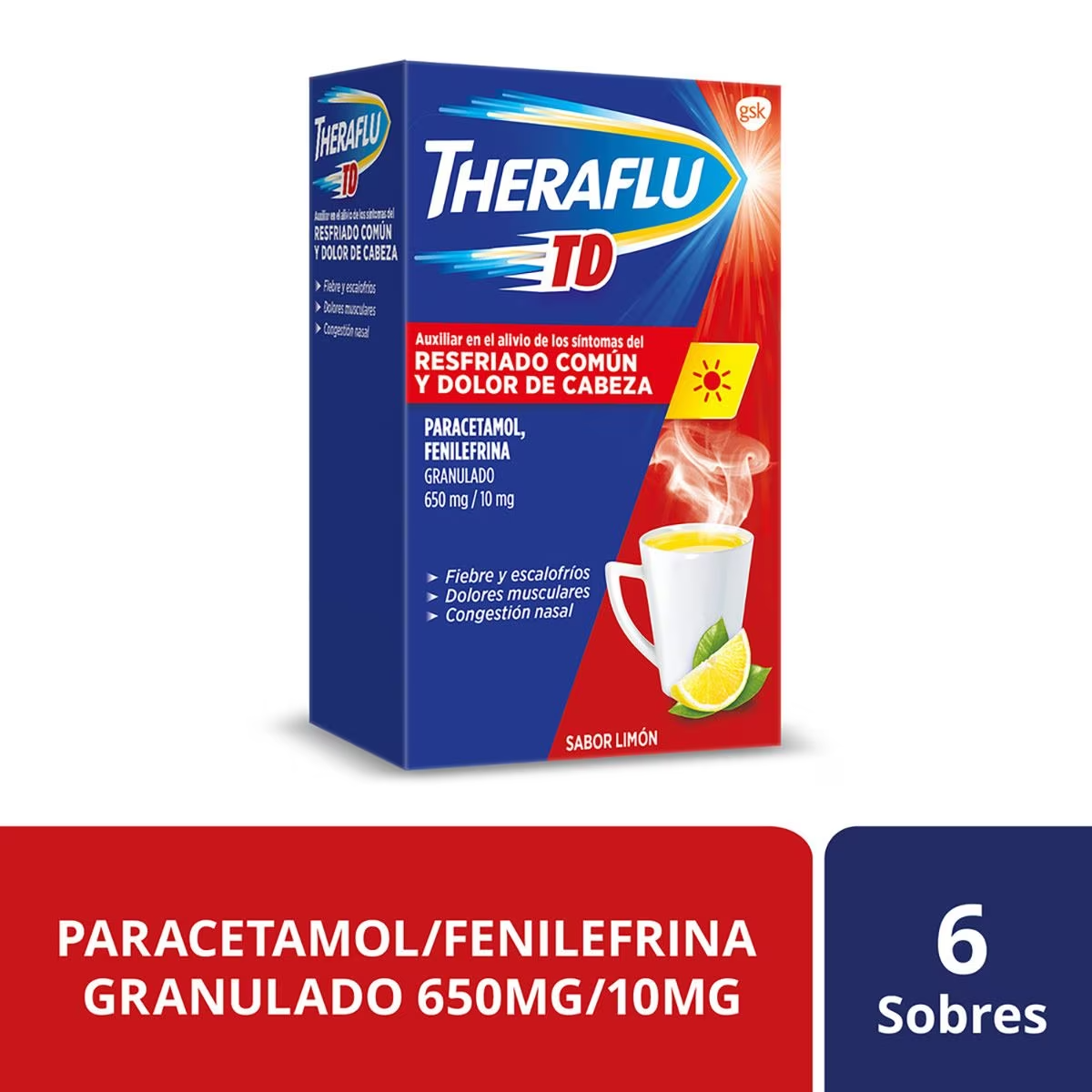 Theraflu TD Día sabor limón 6 sobres, Lab. GSK (Paracetamol 650 mg, Fenilefrina 10 mg)