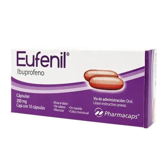 Eufenil 10 cápsulas, Lab. Pharmacaps (Ibuprofeno 200 mg)