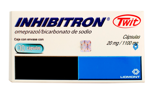 Inhibitron Twit 30 cápsulas, Lab. Liomont (Omeprazol 20 mg,  Bicarbonato de sodio 1100 mg)