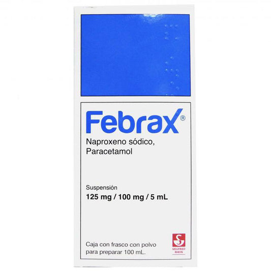 Febrax Suspensión 100 ml, Lab. Siegfried Rhein (Naproxeno 125 mg, Paracetamol 100 mg / 5 ml)