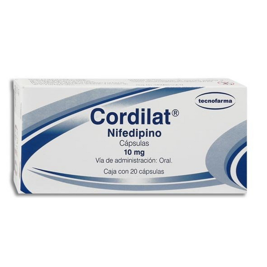 Cordilat 20 cápsulas, Lab. Tecnofarma (Nifedipino 10 mg)