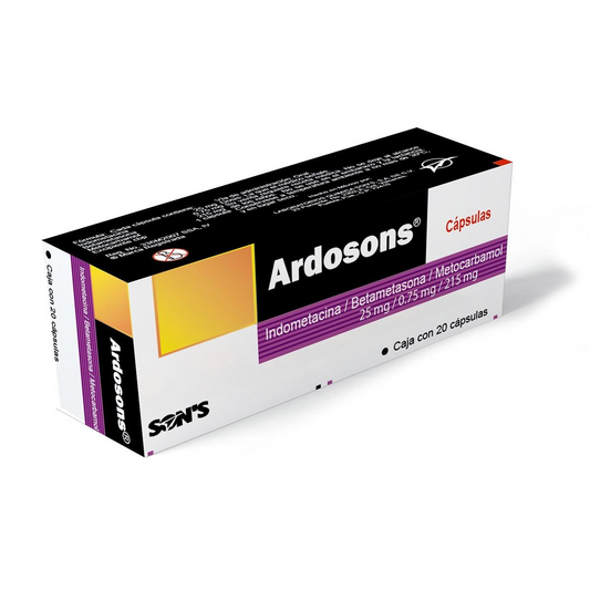 Ardosons 20 Cápsulas Lab. Son's (Metocarbamól 215.000 mg , Indometacina 25.000 mg , Betametasona 0.750 mg)