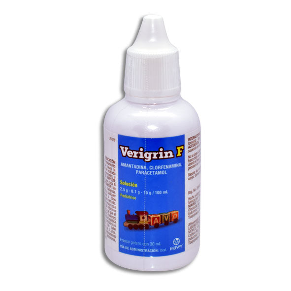 Verigrin F Solución Pediátrica 30 ml, Lab. (Amantadina 2.5 g, Clorfenamina 0.1 g, Paracetamol 15 g / 100 ml)