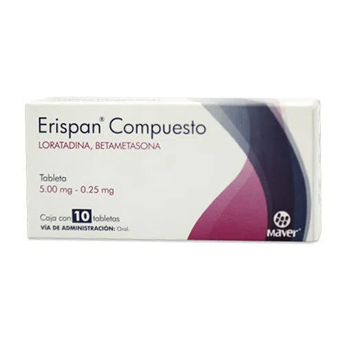 Erispan Compuesto 10 tabletas, Lab. Maver (Loratadina 5 mg, Betametasona 0.25 mg)