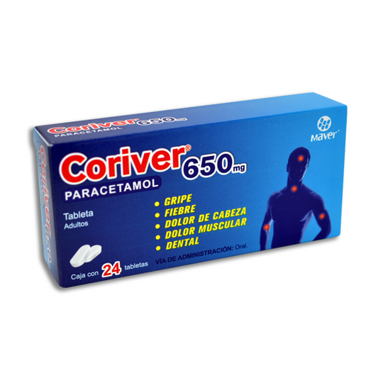 Coriver 650 24 tabletas, Lab. Maver (Paracetamol 650 mg)