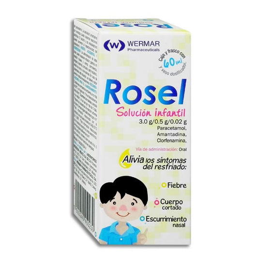 Rosel Solución Infantil 60 ml, Lab. Wermar (Paracetamol 3 g, Amantadina 0.5 g, Clorfenamina 0.02 g)