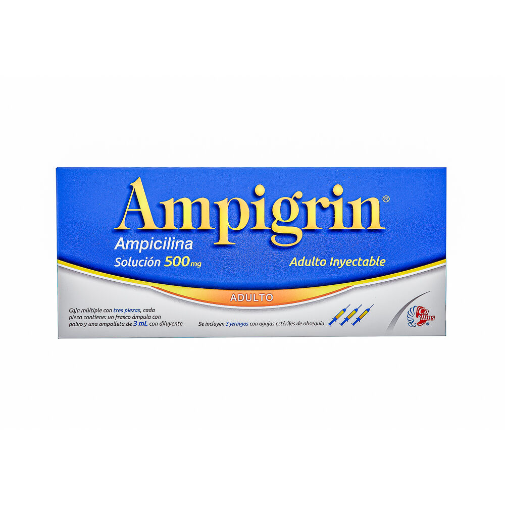 Ampigrin Adulto 3 Ampolletas c/Jeringas Solución (inyectable) Lab. Collins (Ampicilina 500.000 mg , Metamizol Sódico 500.000 mg , Guaifenesina 100.000 mg , Lidocaína 30.000 mg , Clorfenamina 4.000 mg)