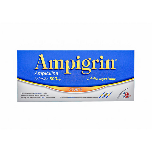 Ampigrin Adulto 3 Ampolletas c/Jeringas Solución (inyectable) Lab. Collins (Ampicilina 500.000 mg , Metamizol Sódico 500.000 mg , Guaifenesina 100.000 mg , Lidocaína 30.000 mg , Clorfenamina 4.000 mg)